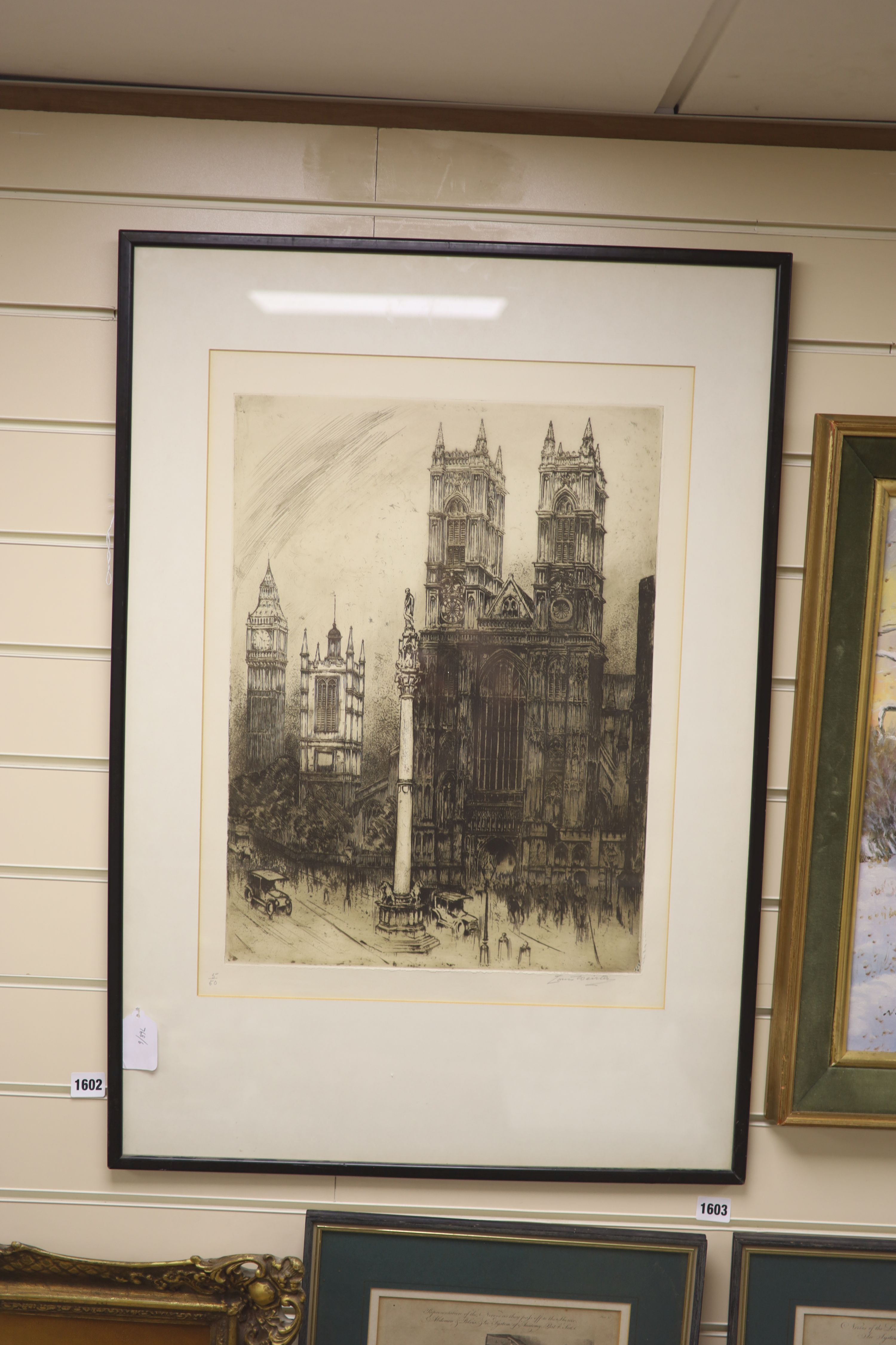 Louis Weirter (1873-1932), drypoint etching, Westminster Abbey, signed in pencil, 5/60, 50 x 37cm